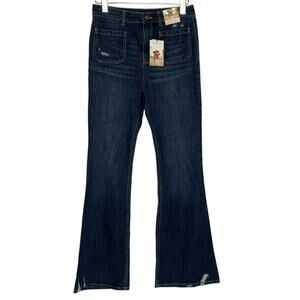 Sincerely Jules 29 NEW Womens Flare Jeans Patch Pocket Distressed Dark Blue